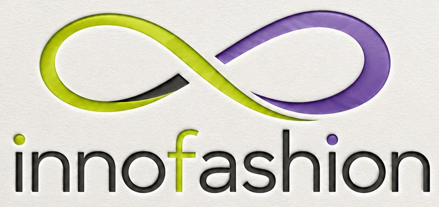 Logo Innofashion Store, lambang tak hingga berwarna hijau dan ungu di atas tulisan innofashion